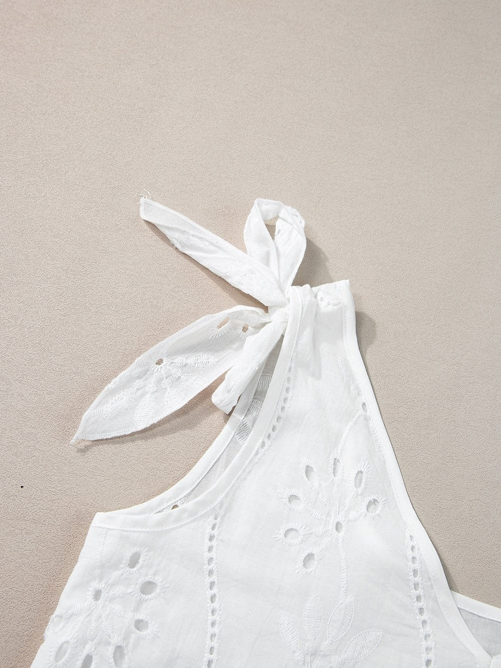 Elegant White Embroidered V-Neck Tank Top with Knotted Straps