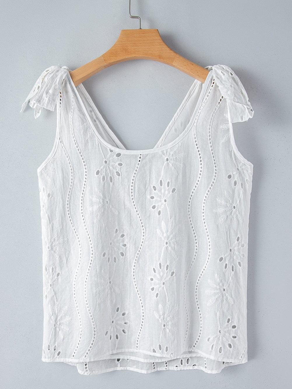 Elegant White Embroidered V-Neck Tank Top with Knotted Straps