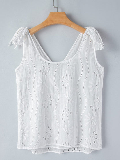 Elegant White Embroidered V-Neck Tank Top with Knotted Straps