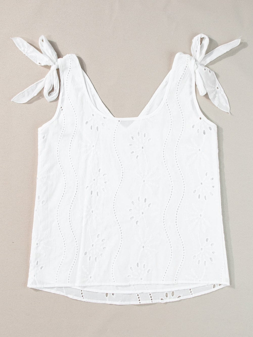 Elegant White Embroidered V-Neck Tank Top with Knotted Straps