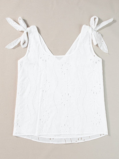 Elegant White Embroidered V-Neck Tank Top with Knotted Straps