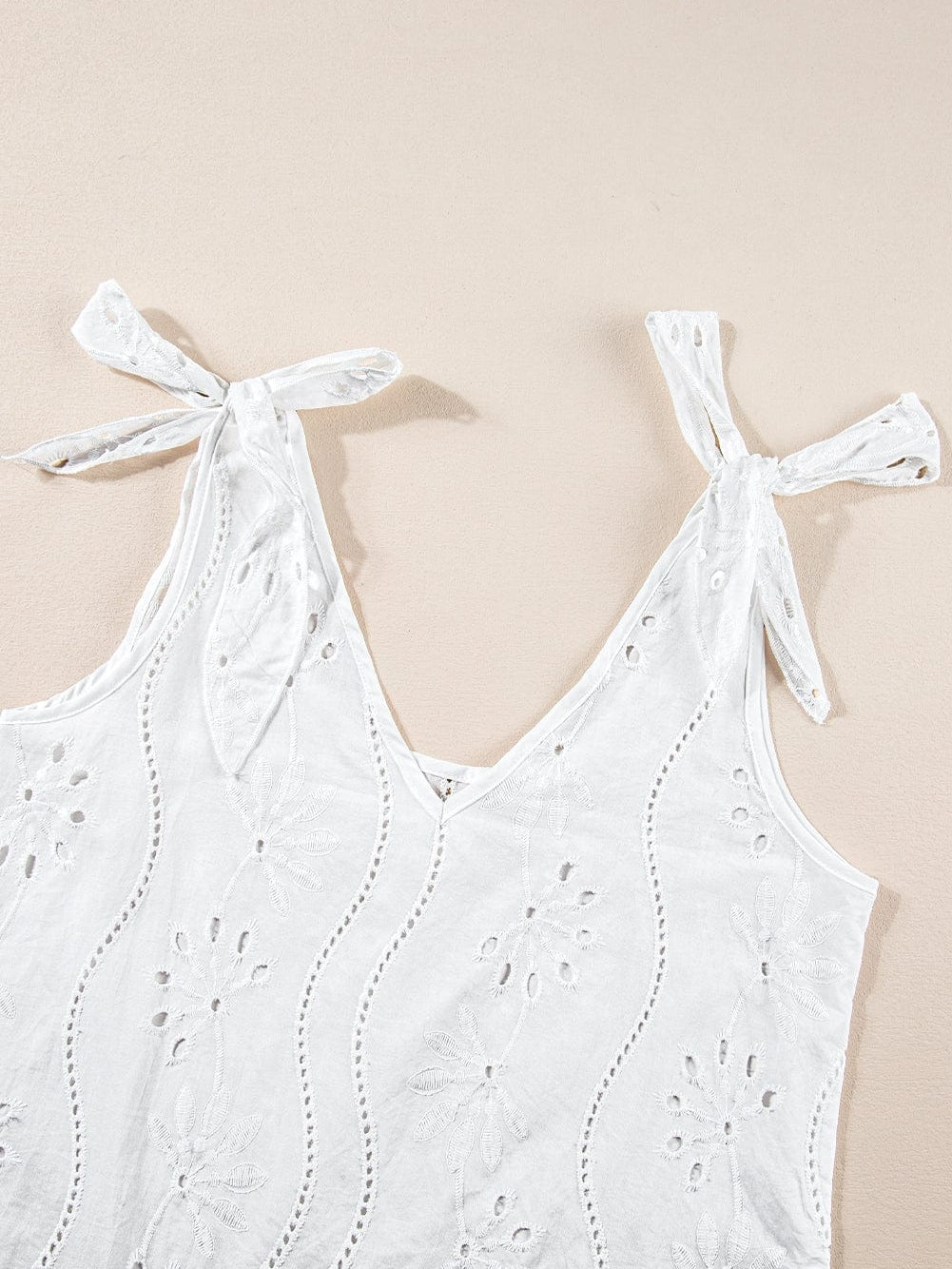 Elegant White Embroidered V-Neck Tank Top with Knotted Straps