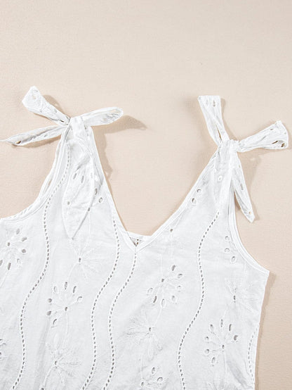 Elegant White Embroidered V-Neck Tank Top with Knotted Straps