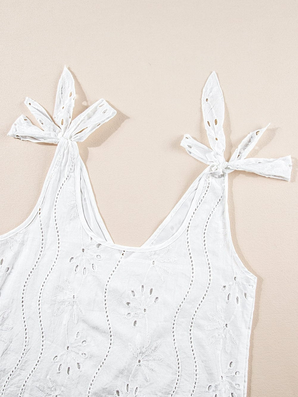 Elegant White Embroidered V-Neck Tank Top with Knotted Straps