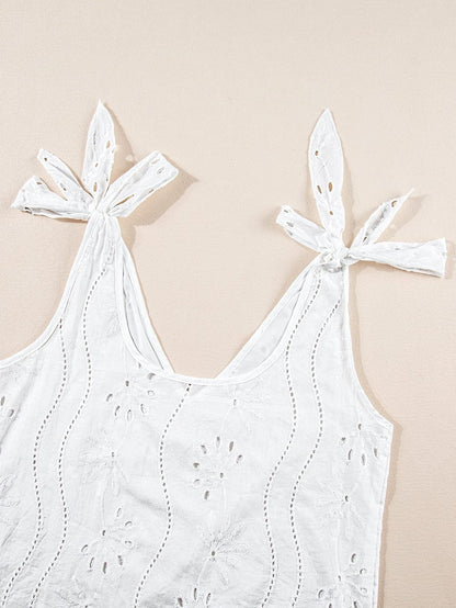 Elegant White Embroidered V-Neck Tank Top with Knotted Straps