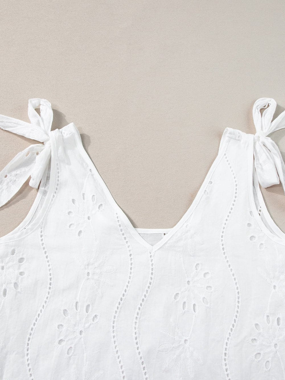 Elegant White Embroidered V-Neck Tank Top with Knotted Straps
