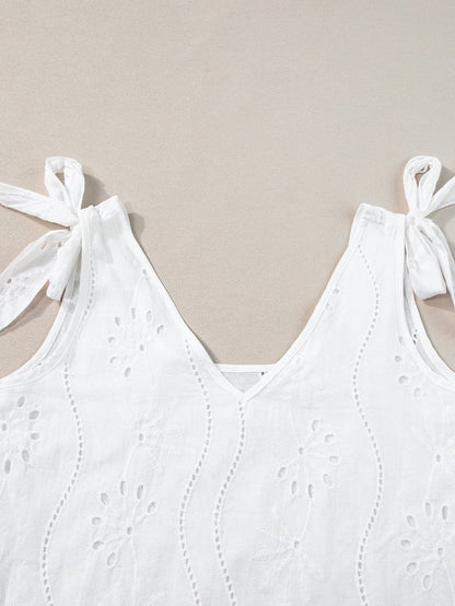 Elegant White Embroidered V-Neck Tank Top with Knotted Straps