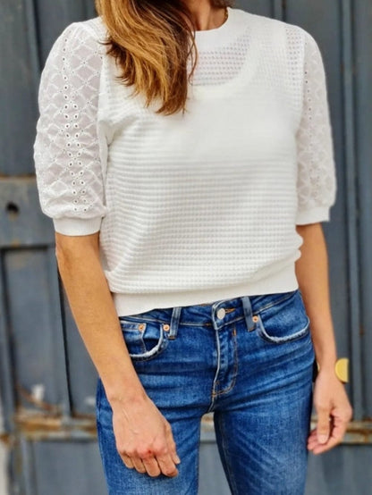 Elegant White Embroidered Waffle Knit Puff Sleeve Tee