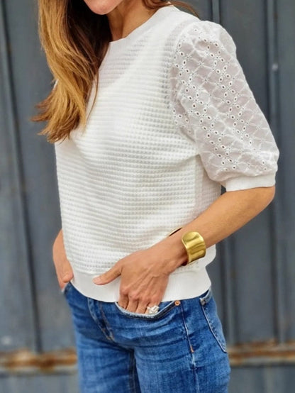 Elegant White Embroidered Waffle Knit Puff Sleeve Tee