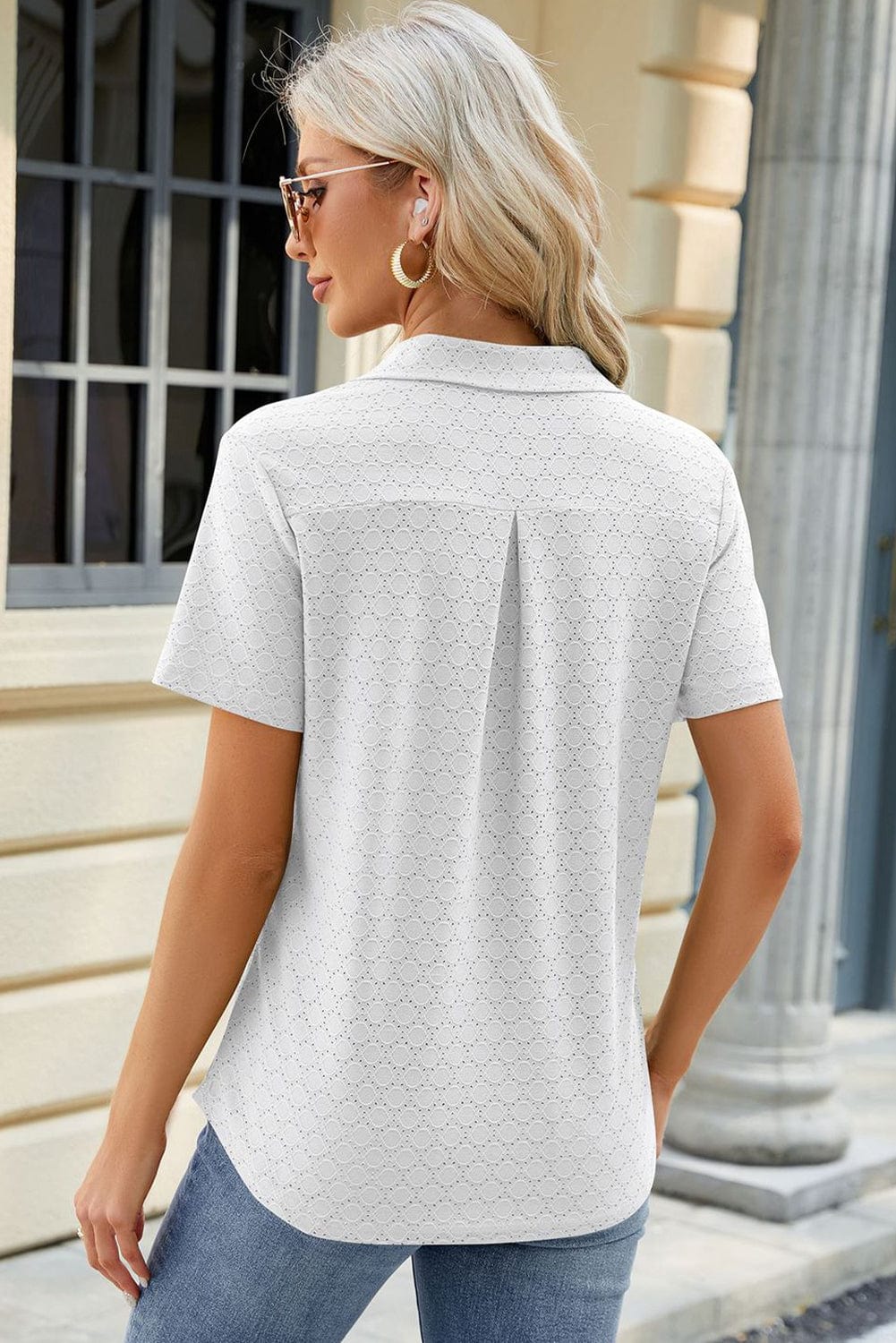 Elegant White Eyelet Embroidered Polo Top