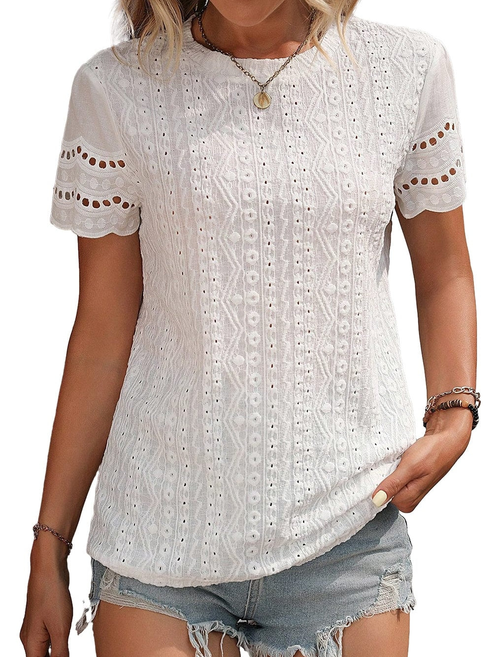 Elegant White Eyelet Embroidered Scallop Hem Tee