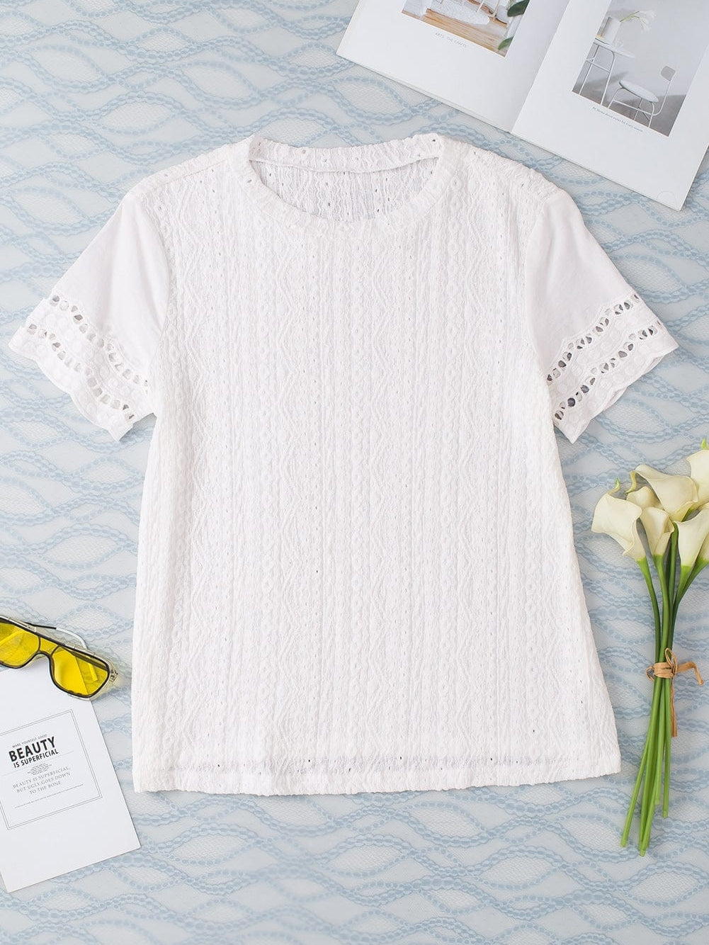 Elegant White Eyelet Embroidered Scallop Hem Tee