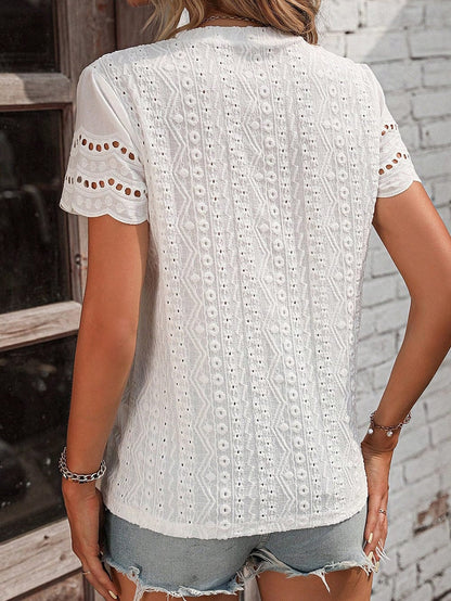 Elegant White Eyelet Embroidered Scallop Hem Tee