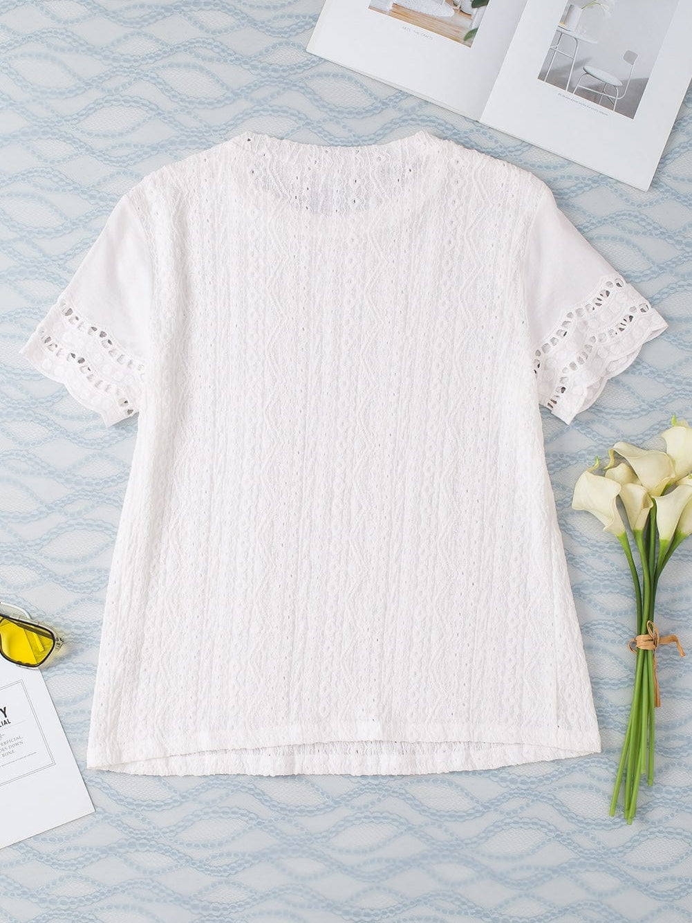 Elegant White Eyelet Embroidered Scallop Hem Tee