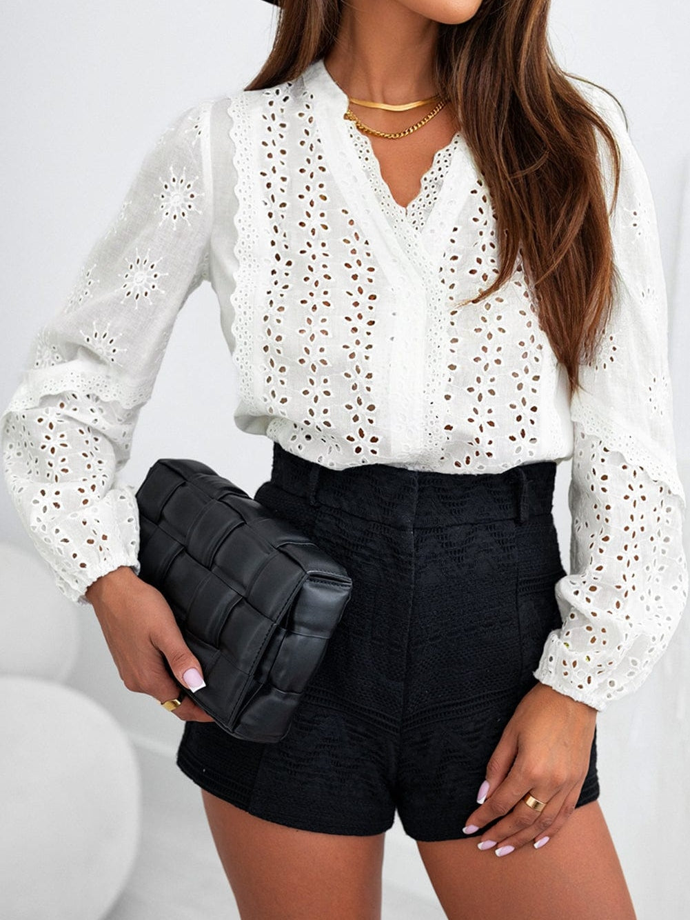 Elegant White Eyelet Lace Puff Sleeve Top with Split Neck