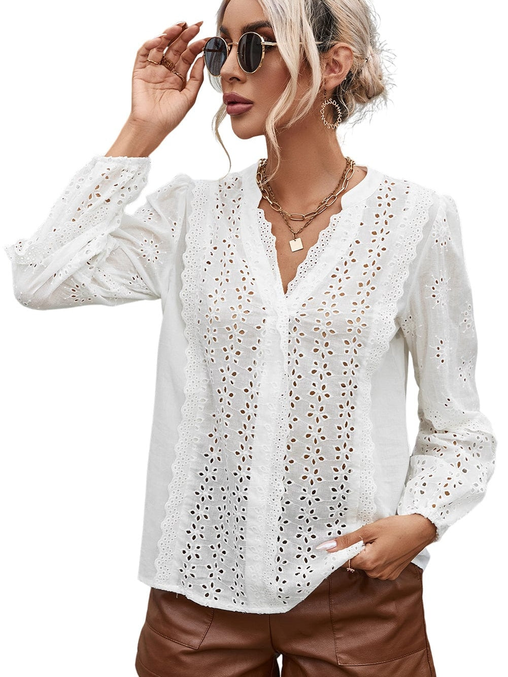 Elegant White Eyelet Lace Puff Sleeve Top with Split Neck