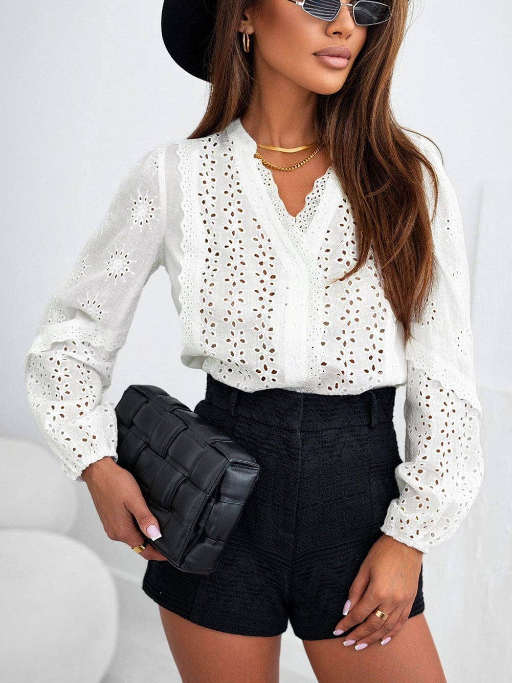 Elegant White Eyelet Lace Puff Sleeve Top with Split Neck