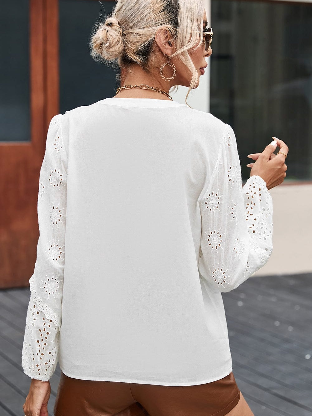 Elegant White Eyelet Lace Puff Sleeve Top with Split Neck