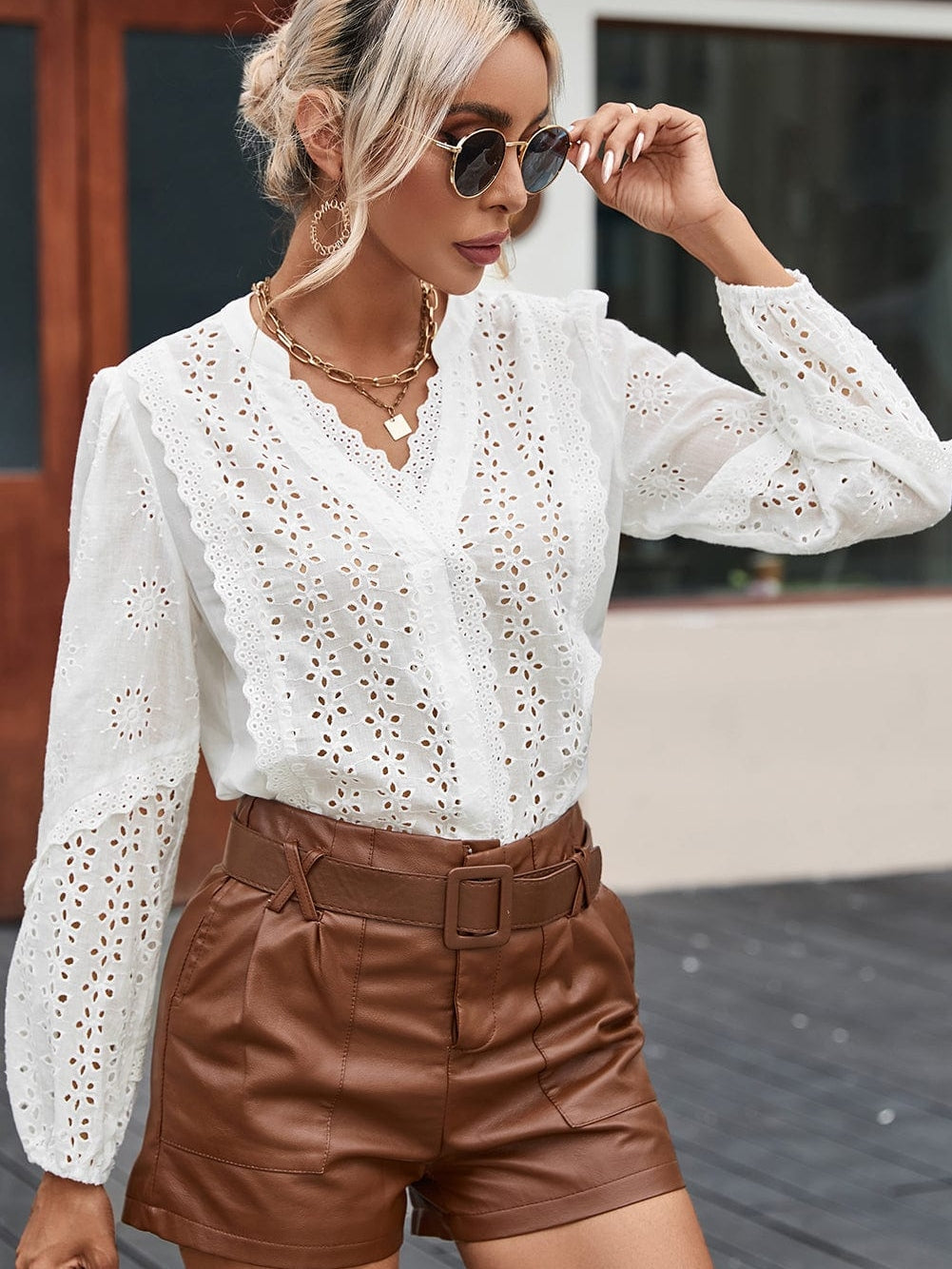 Elegant White Eyelet Lace Puff Sleeve Top with Split Neck