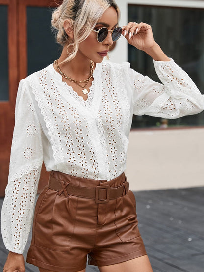 Elegant White Eyelet Lace Puff Sleeve Top with Split Neck