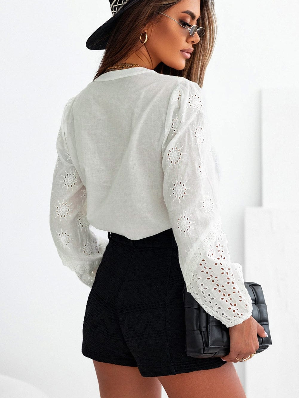 Elegant White Eyelet Lace Puff Sleeve Top with Split Neck