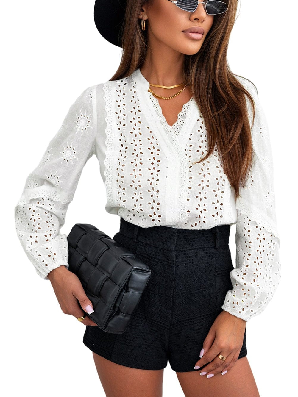 Elegant White Eyelet Lace Puff Sleeve Top with Split Neck