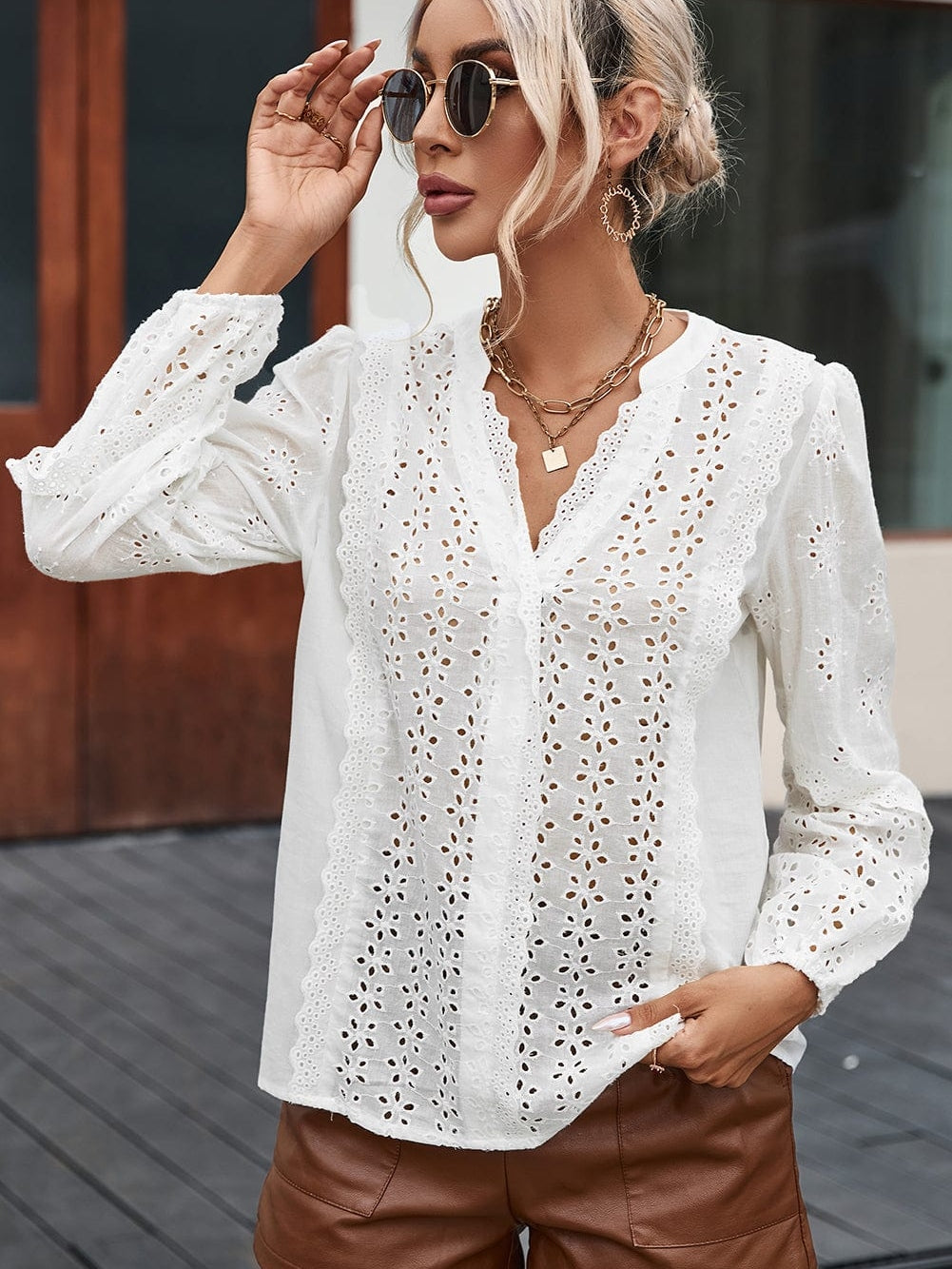 Elegant White Eyelet Lace Puff Sleeve Top with Split Neck