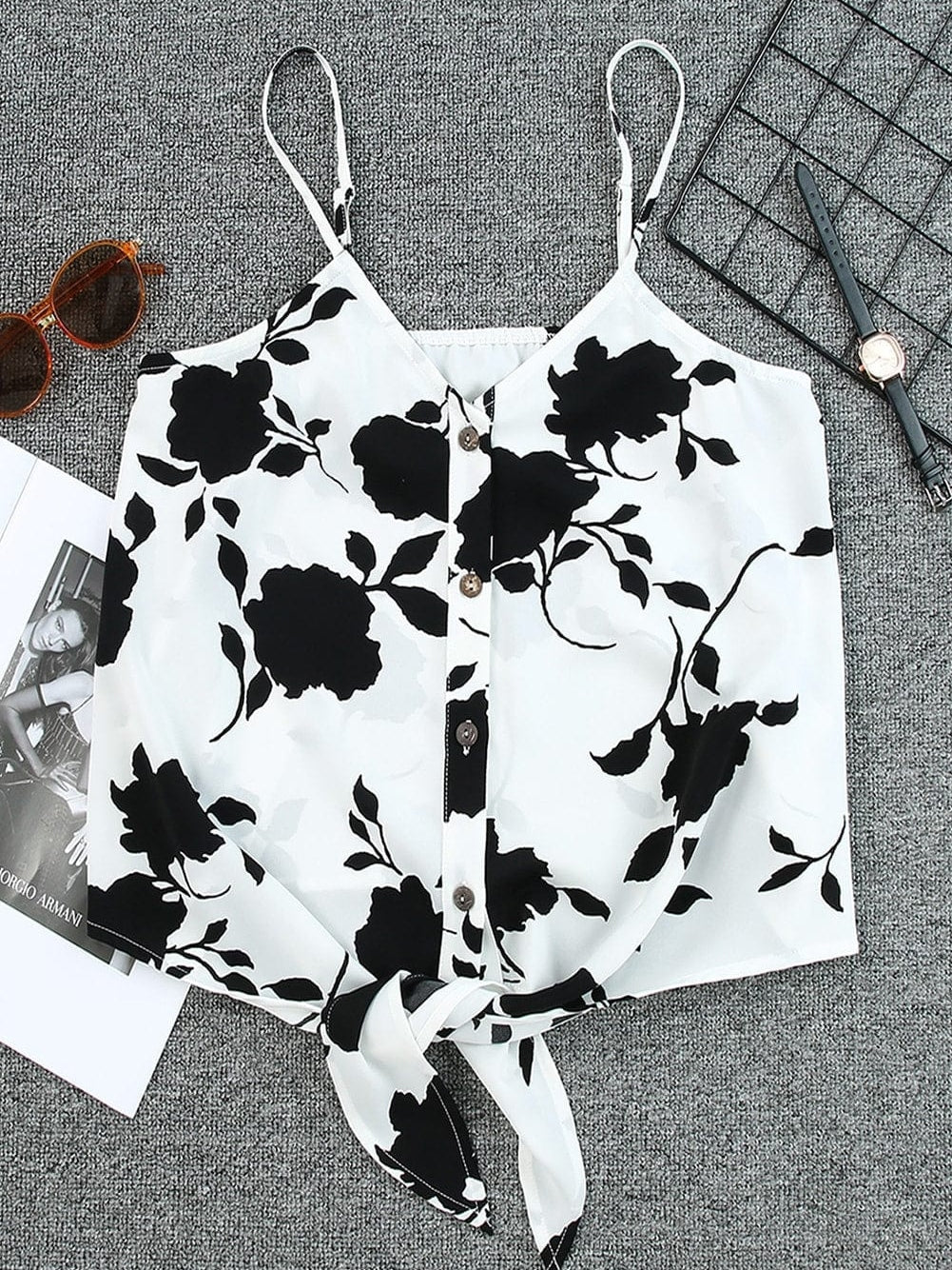 Elegant White Floral Button-Up Tank with Tie Detail