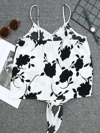 Elegant White Floral Button-Up Tank with Tie Detail