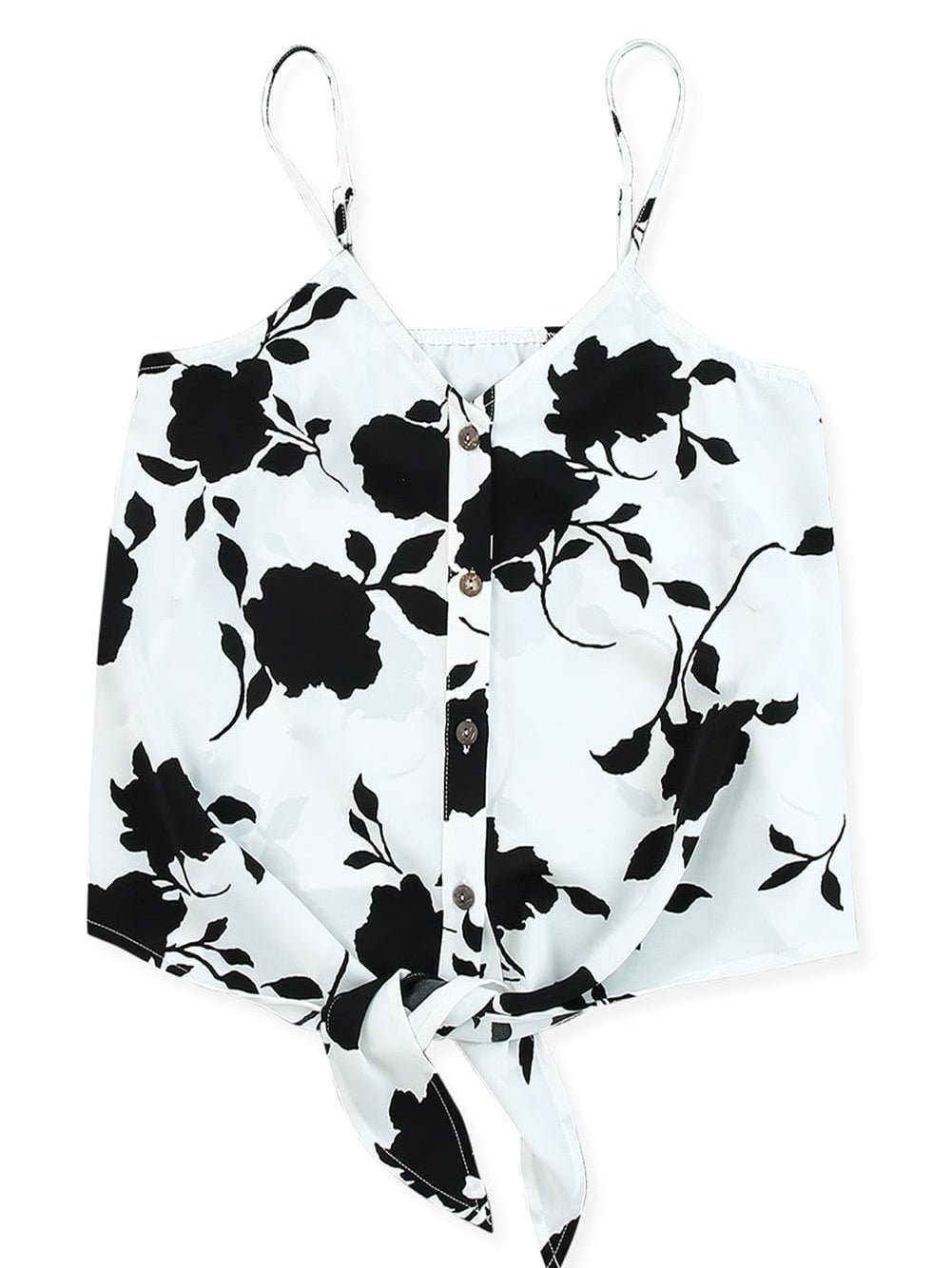 Elegant White Floral Button-Up Tank with Tie Detail