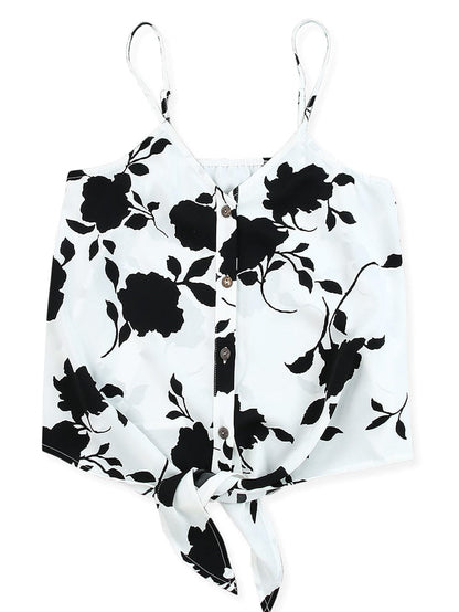 Elegant White Floral Button-Up Tank with Tie Detail