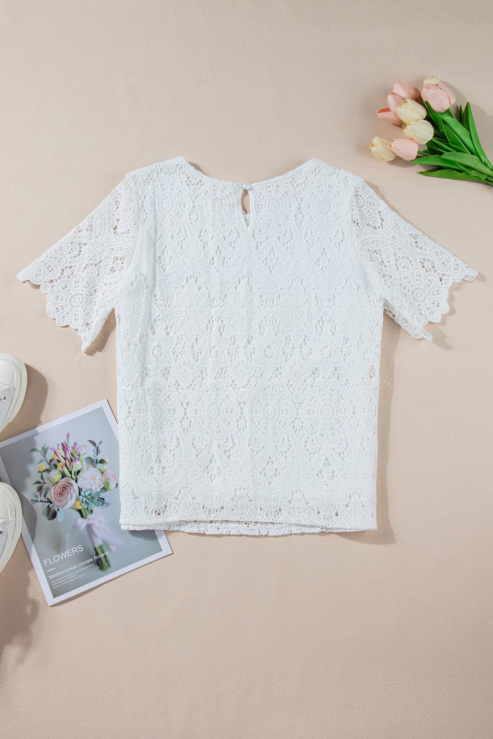 Elegant White Floral Crochet Short Sleeve Top