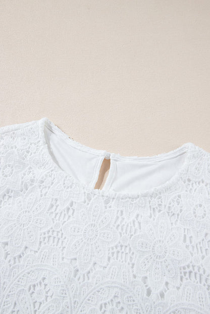 Elegant White Floral Crochet Short Sleeve Top