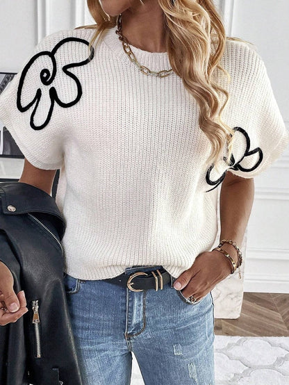 Elegant White Floral Embroidered Sweater Tee