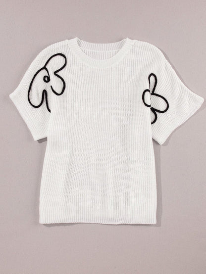 Elegant White Floral Embroidered Sweater Tee