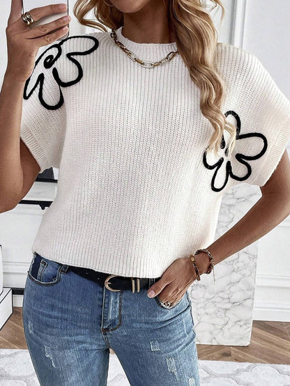 Elegant White Floral Embroidered Sweater Tee