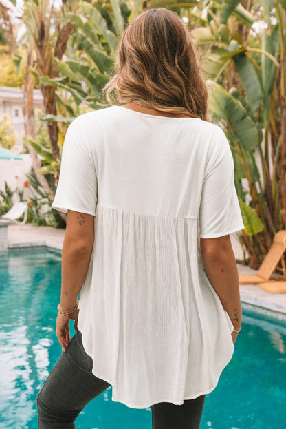 Elegant White Floral Embroidered V-Neck Babydoll Top