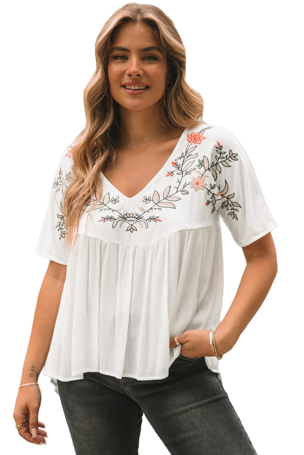 Elegant White Floral Embroidered V-Neck Babydoll Top