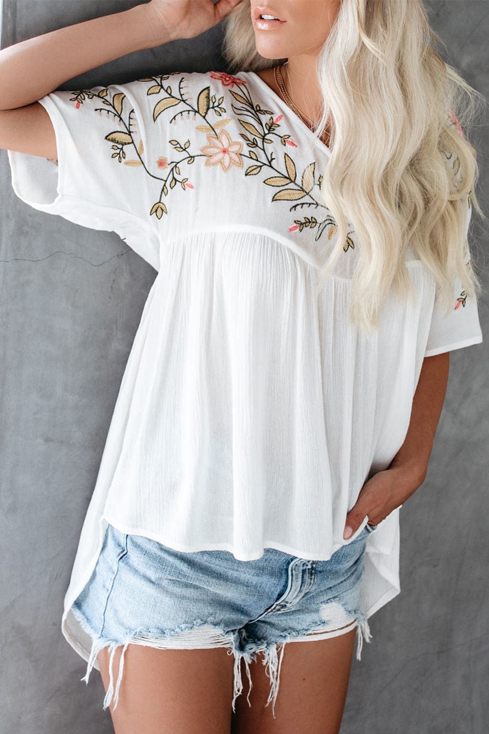 Elegant White Floral Embroidered V-Neck Babydoll Top