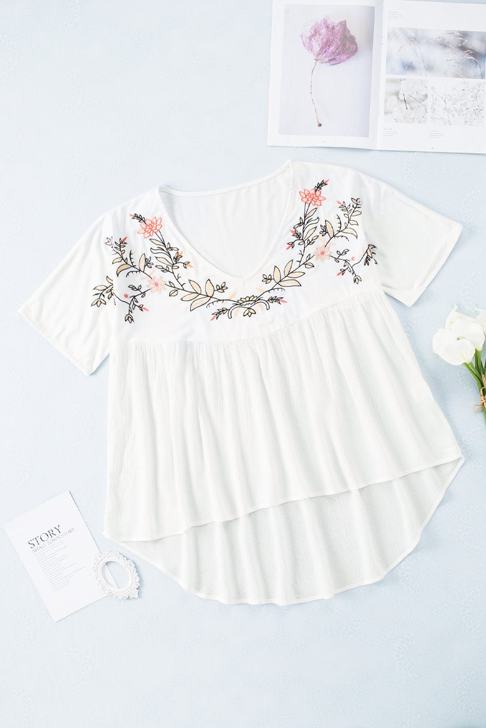 Elegant White Floral Embroidered V-Neck Babydoll Top