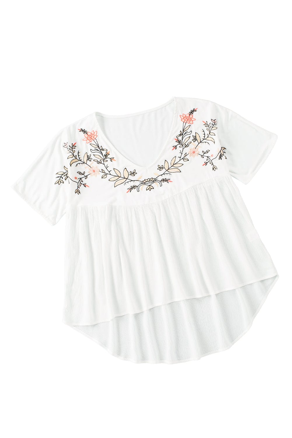 Elegant White Floral Embroidered V-Neck Babydoll Top