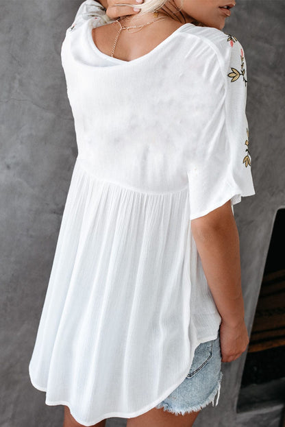 Elegant White Floral Embroidered V-Neck Babydoll Top