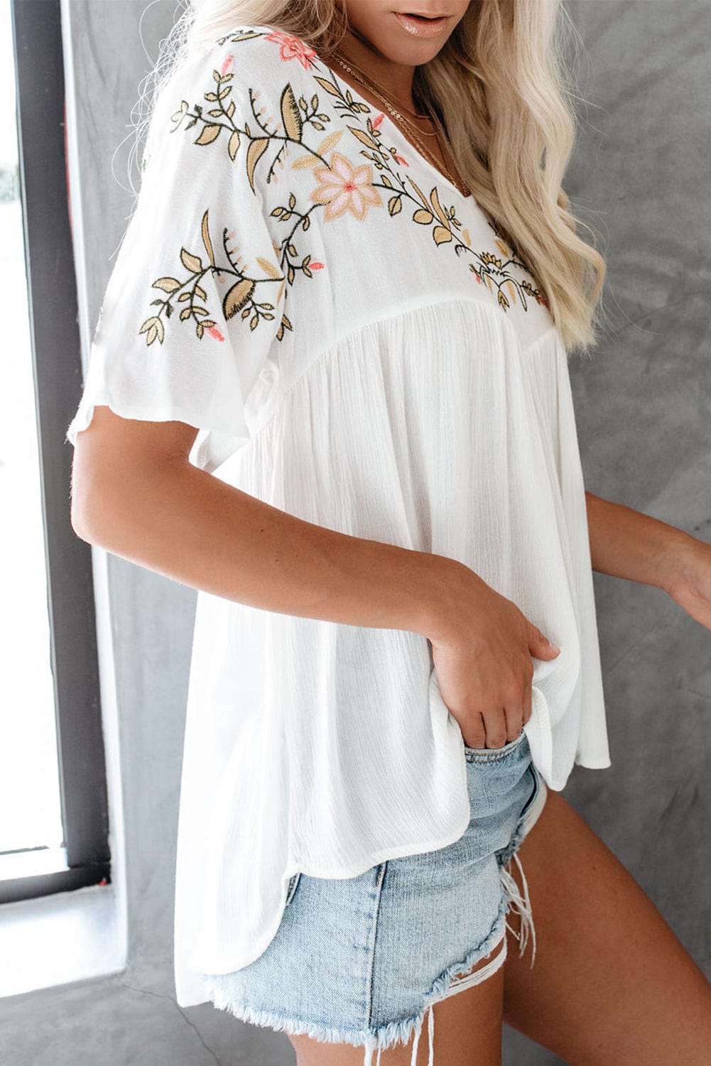 Elegant White Floral Embroidered V-Neck Babydoll Top
