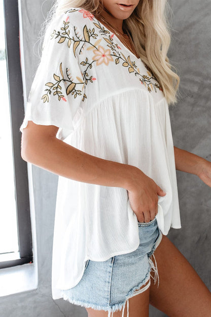 Elegant White Floral Embroidered V-Neck Babydoll Top