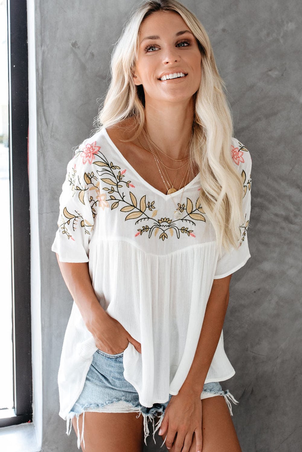Elegant White Floral Embroidered V-Neck Babydoll Top