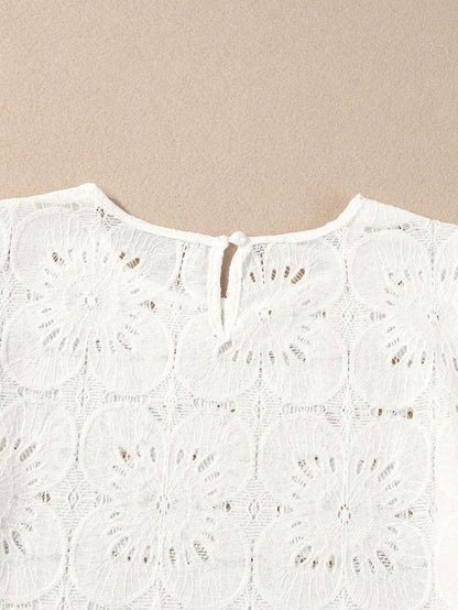 Elegant White Floral Eyelet Keyhole Top with Ruffle Detail