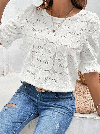 Elegant White Floral Eyelet Keyhole Top with Ruffle Detail
