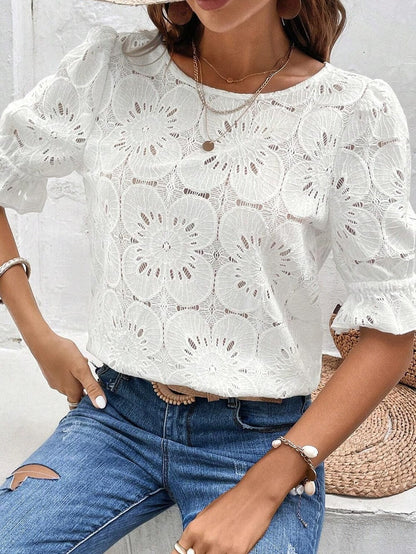 Elegant White Floral Eyelet Keyhole Top with Ruffle Detail