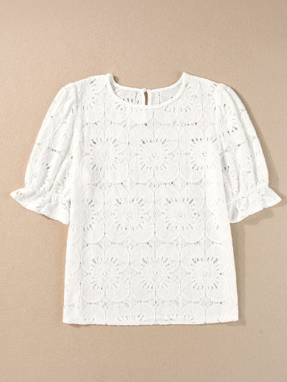 Elegant White Floral Eyelet Keyhole Top with Ruffle Detail