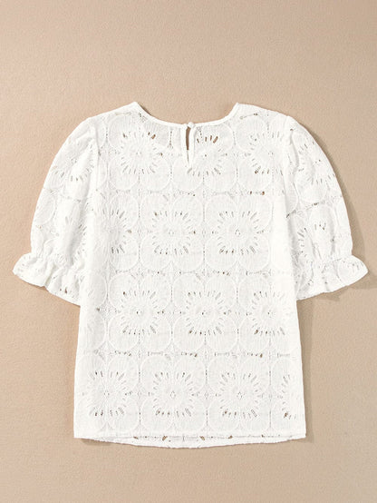 Elegant White Floral Eyelet Keyhole Top with Ruffle Detail